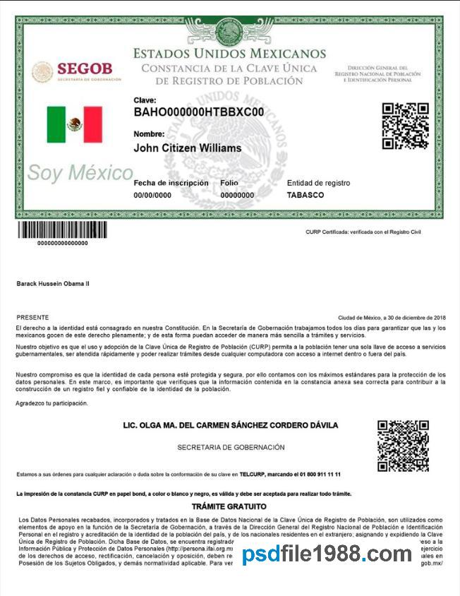 Mexico Registro de Poblacion (CURP) PSD Template, Version 2
